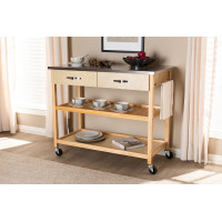 Baxton Studio SR1703015-Natural/Stainless Steel Cresta Modern and Contemporary Pine Wood and Stainless Steel 2-Drawer Kitchen Island Utility Storage Cart